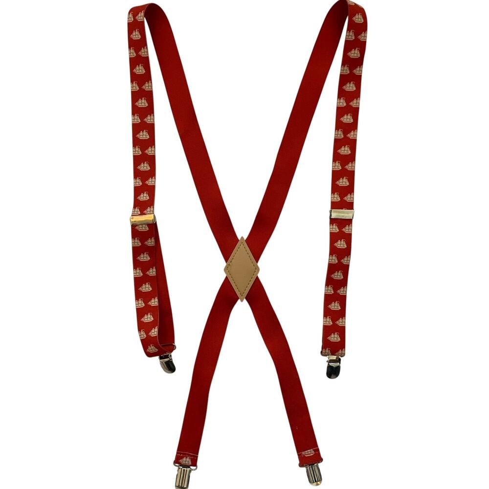 Vtg Old Spice Unisex Suspenders Ship Pattern All Over Classic Y Back Red White